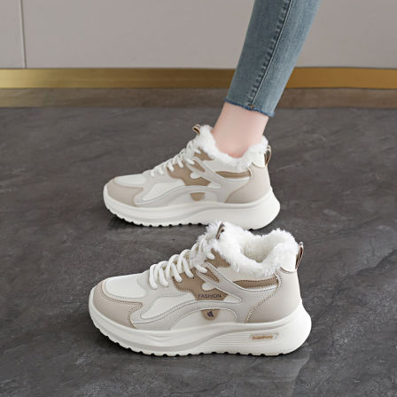 加绒中筒运动鞋女2025新款冬季皮面防水防滑旅游鞋轻便保暖大棉鞋