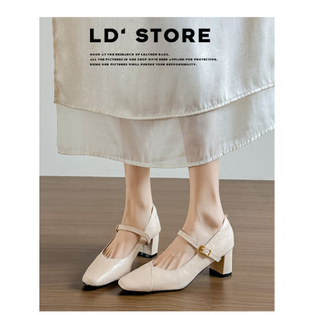 真皮~复古黑色高跟鞋女2026春新款通勤一字带法式粗跟玛丽珍单鞋