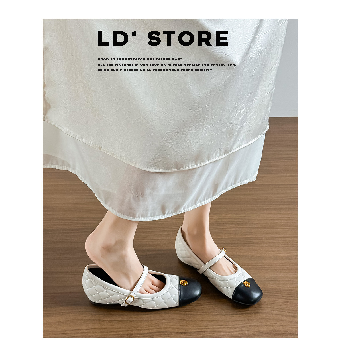 真皮~内增高山茶花玛丽珍鞋女2026新款平底一字带菱格芭蕾风单鞋主图