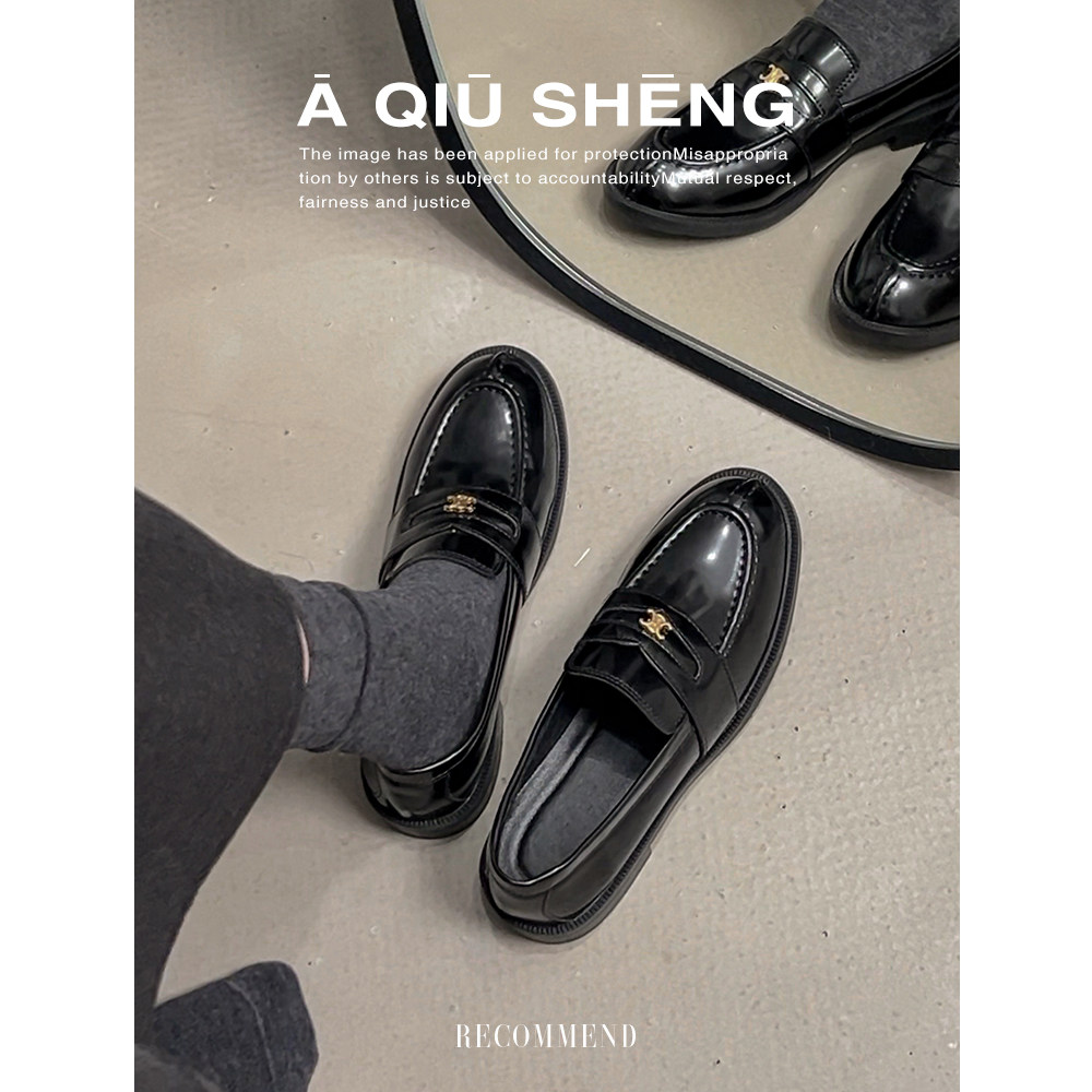 羊皮版~英伦风内增高乐福鞋女凯旋门金扣小皮鞋2025厚底黑色单鞋主图