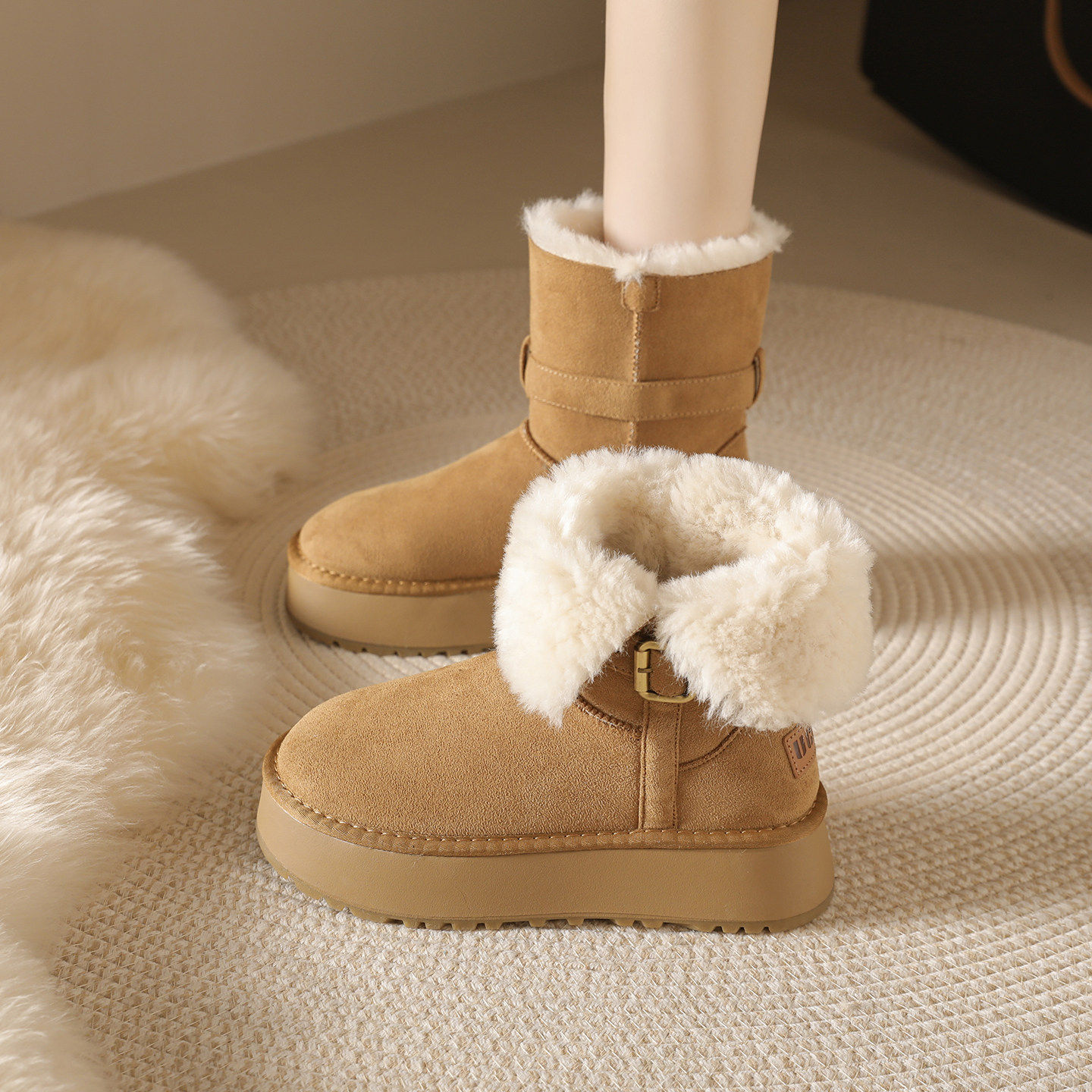 厚底两穿雪地靴女2026新款冬季皮毛一体加绒加厚保暖东北棉鞋34码主图