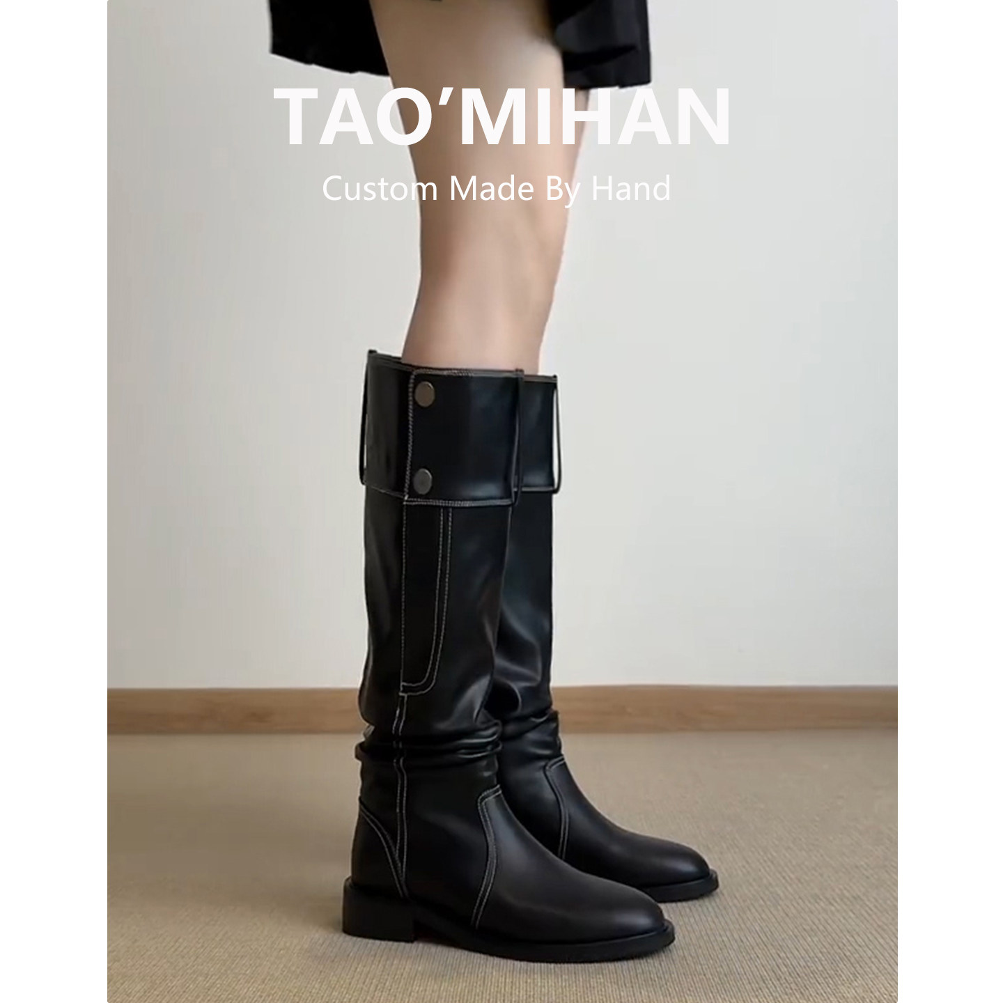 真皮版~辣妹不过膝长筒靴女2025秋冬新款黑色骑士靴高筒堆堆靴子主图