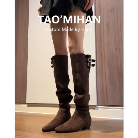 真皮显瘦过膝骑士靴女2025秋冬新款绒面高筒堆堆靴内增高长筒靴子