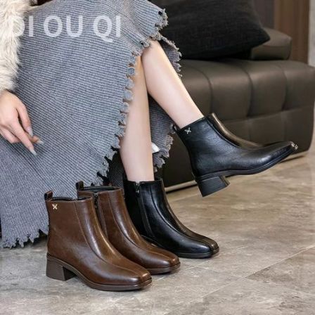 【源头厂家】切尔西短靴女2025新款冬季厚底靴子高跟加绒马丁靴皮靴