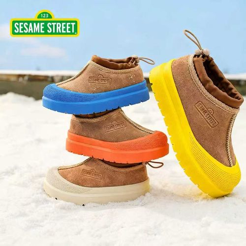 芝麻街真牛皮儿童棉鞋加绒保暖雪地靴2025新款冬季童鞋男女童短靴主图