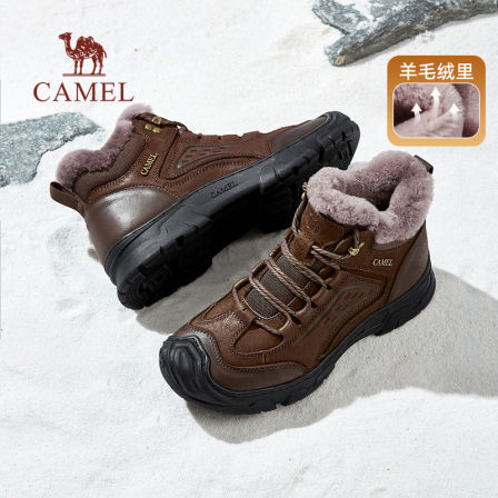 骆驼冬季牛皮革加绒保暖舒适羊毛高帮靴雪地靴厚底男士防撞耐磨