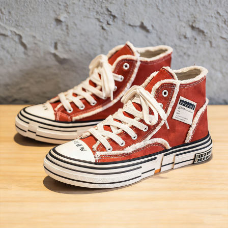 复古做旧男鞋红色高筒帆布鞋青少年透气防臭男士休闲百搭中筒板鞋