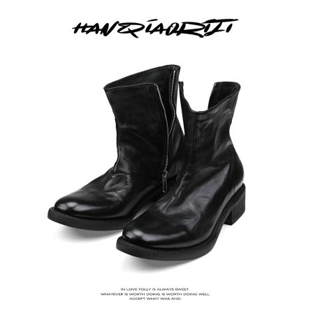 韩桥日记[黑血系列]\"流浪\"进口水洗马皮切尔西靴高级拉链尖头靴子