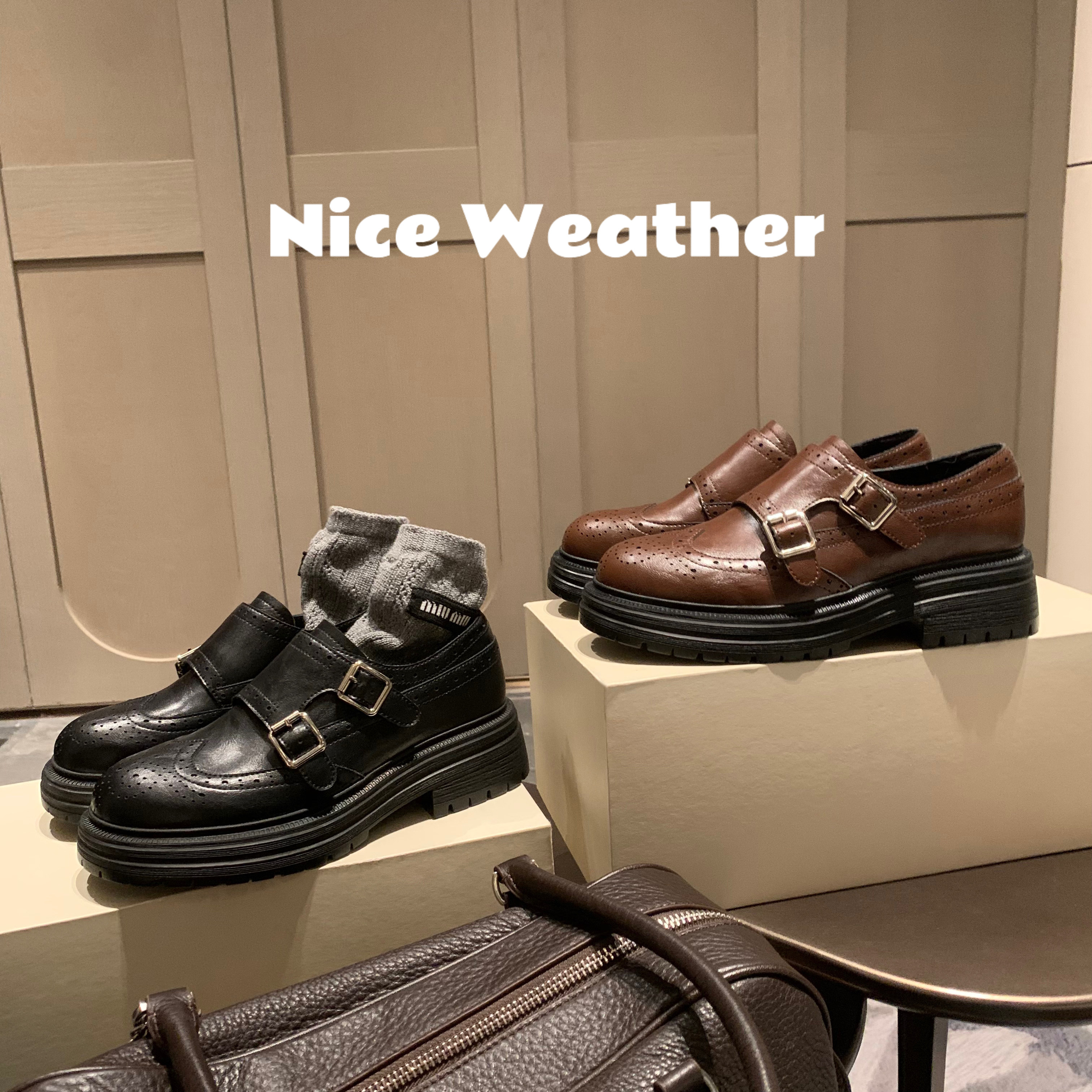 葡萄妈studiolee 5cm粗跟~英伦风布洛克雕花增高扣带孟克小皮鞋女主图