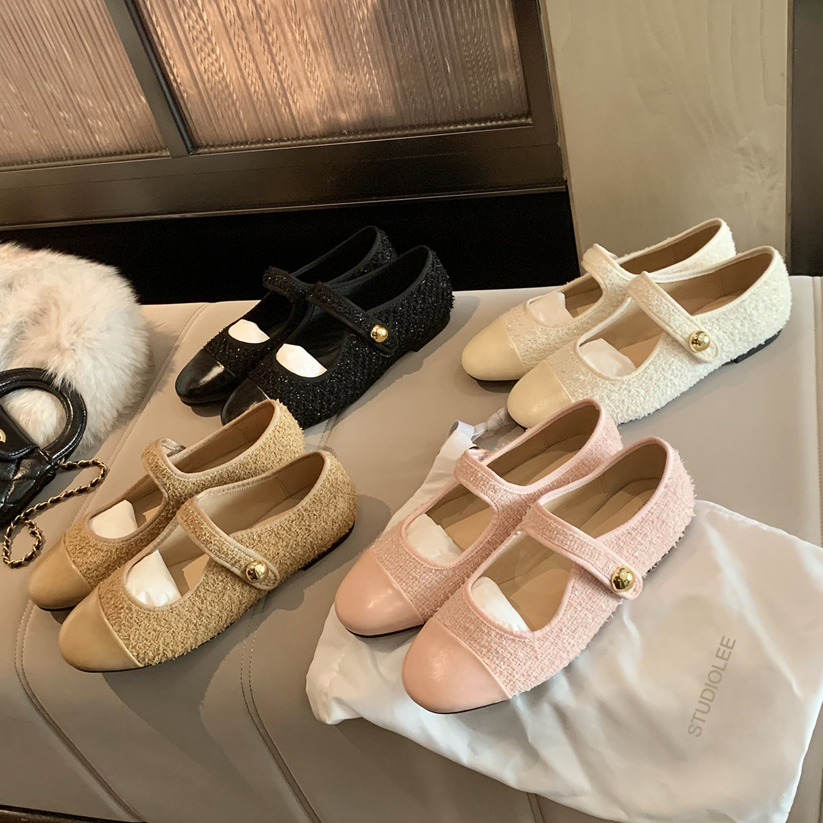 葡萄妈studiolee 拼接圆头一字带小香风玛丽珍珠鞋平底通勤单鞋女主图