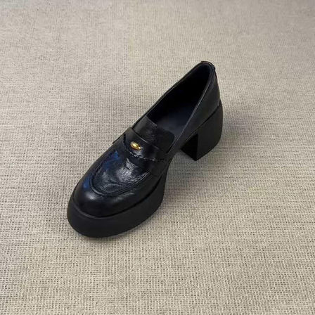 羊皮版~复古小金豆一脚蹬深口乐福鞋女水洗皮厚底粗跟圆头小皮鞋