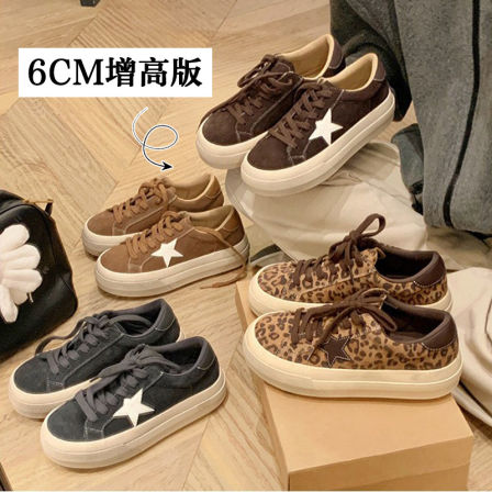 6CM增高~真皮豹纹德训鞋女2025新款秋冬季加绒系带厚底休闲板鞋女