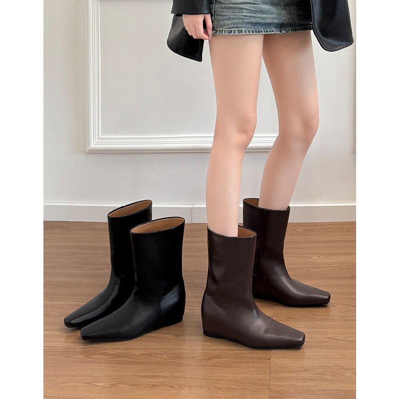 羊皮版~真皮小个子内增高5cm直筒短靴女显瘦方头骑士靴中筒靴子主图