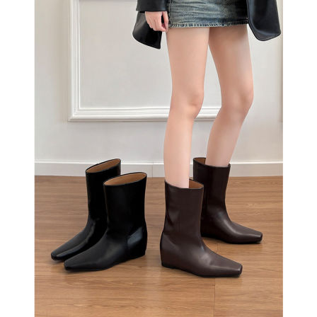 羊皮版~真皮小个子内增高5cm直筒短靴女显瘦方头骑士靴中筒靴子