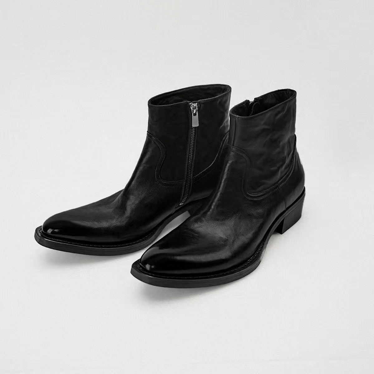 「首发2开」AMBSOM尖头雅痞切尔西靴高帮植鞣牛皮厚底Excella拉链主图