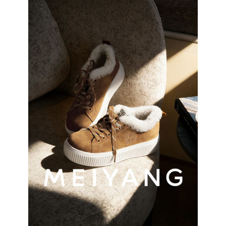 美洋MEIYANG 玛奇朵毛毛休闲鞋 反绒绵羊毛皮_磨砂撞色保暖-周一