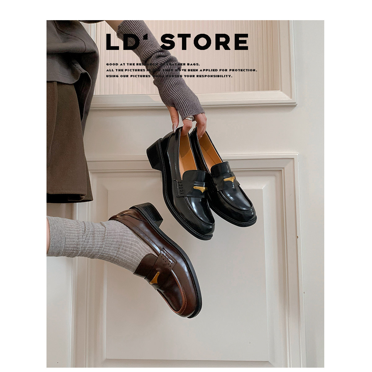 6cm内增高~真皮厚底复古一脚蹬乐福鞋女春季圆头单鞋英伦风小皮鞋主图