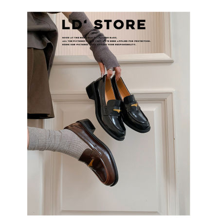 6cm内增高~真皮厚底复古一脚蹬乐福鞋女春季圆头单鞋英伦风小皮鞋