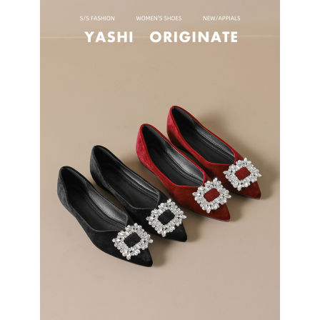 法式尖头气质水钻单鞋女2026春款粗跟平底配裙子方头百搭玛丽珍鞋