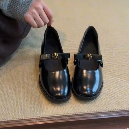 羊皮版~复古山茶花时尚真皮浅口玛丽珍鞋女日常通勤气质显瘦单鞋