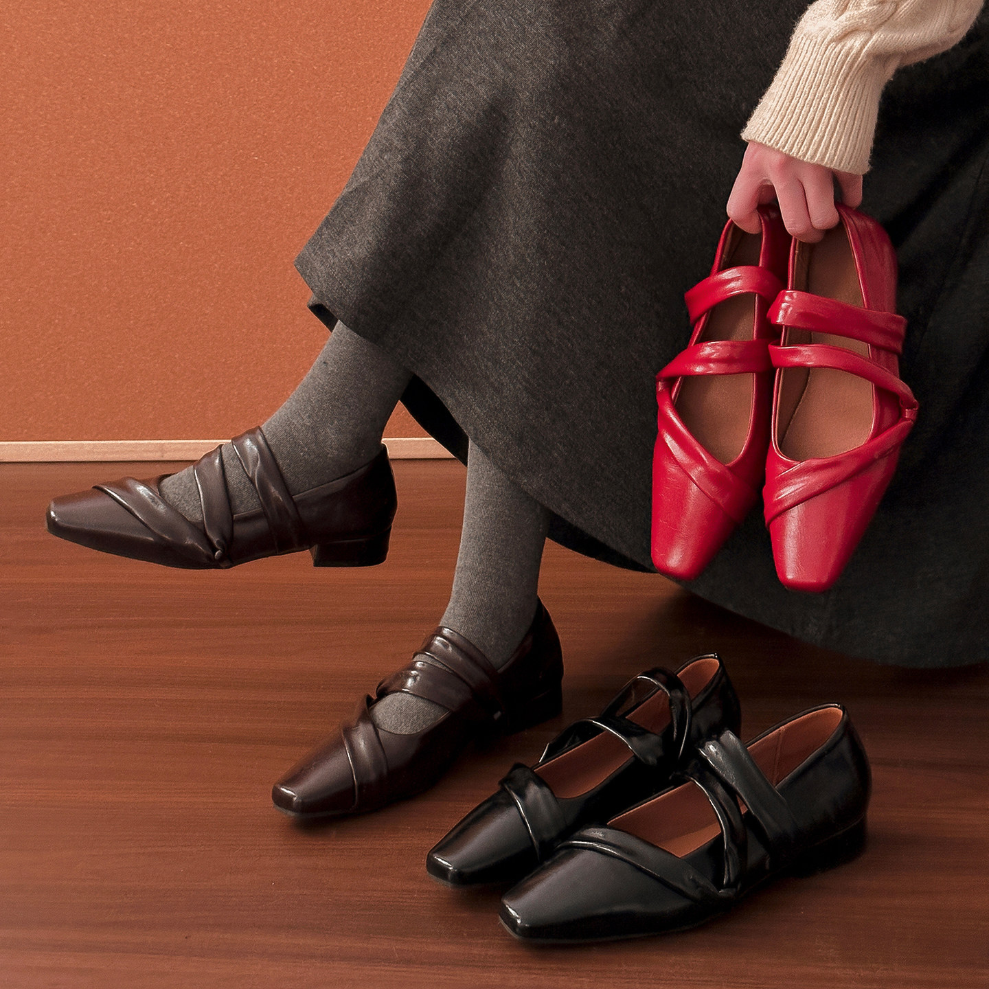 方头粗高跟玛丽珍鞋女2026春秋季新款交叉绑带红色皮鞋通勤单鞋子主图