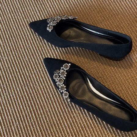 羊皮版~法式水钻口高级晚晚鞋女尖头绒面一脚蹬平底名媛风小单鞋