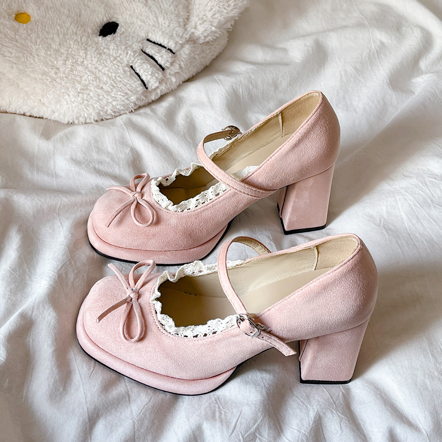 法式蝴蝶结粉色玛丽珍高跟鞋女2026年春季新款配裙子浅口粗跟单鞋主图