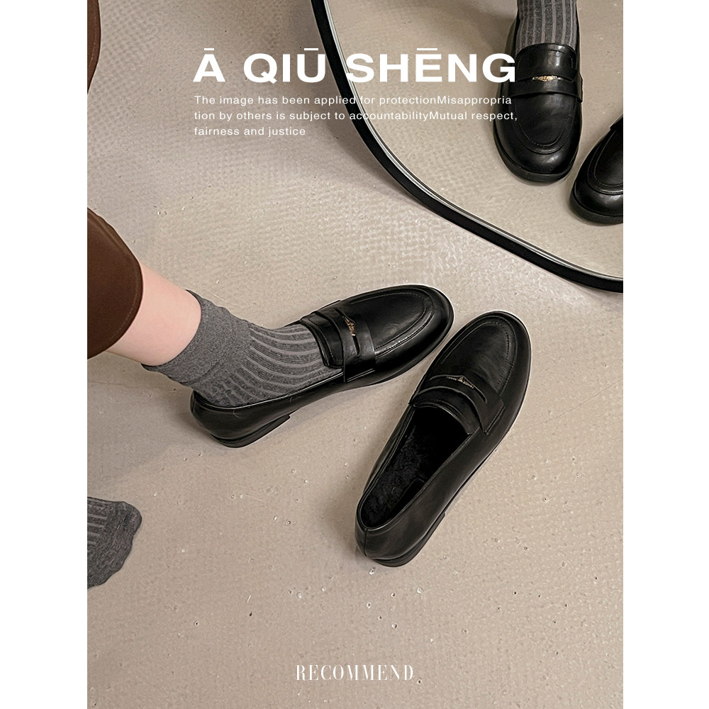 牛皮版~复古平底加绒乐福鞋女2025新款圆头学生小皮鞋一脚蹬单鞋主图