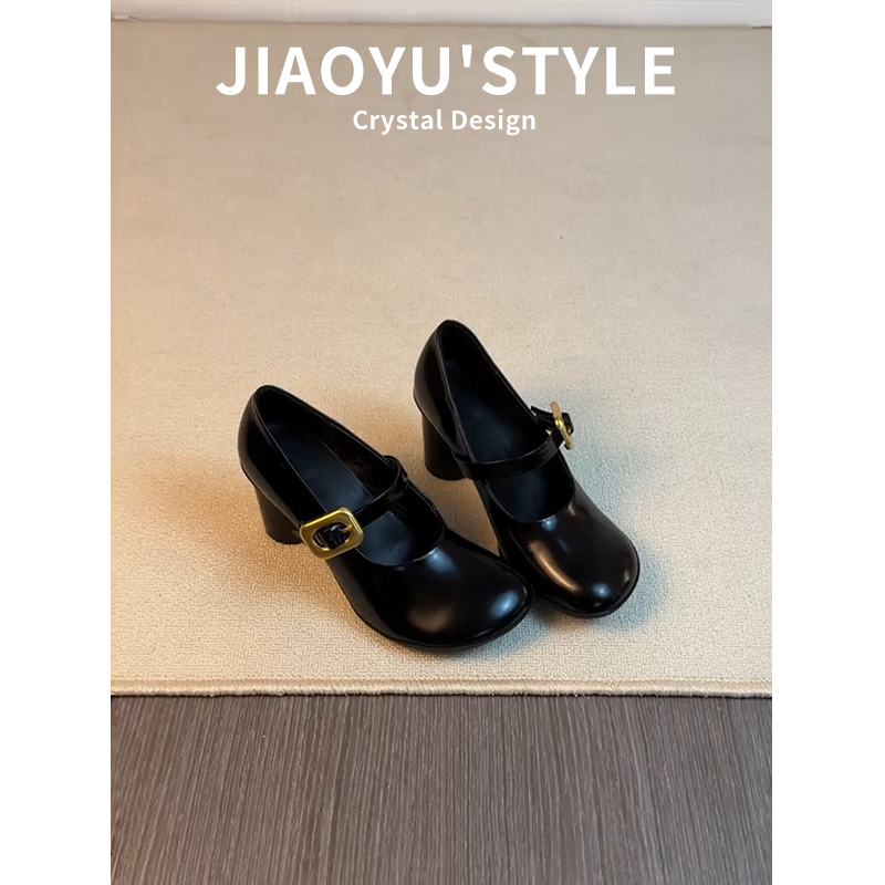 真皮~骄屿复古黑色一字带玛丽珍鞋女圆头浅口绝美高跟鞋通勤单鞋主图