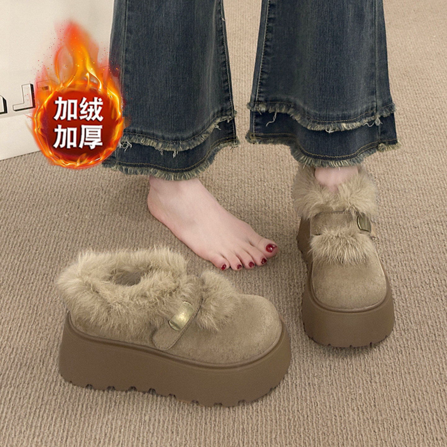 厚底增高勃肯棉鞋女2025新款冬季小码34加绒毛毛鞋时尚保暖雪地靴主图