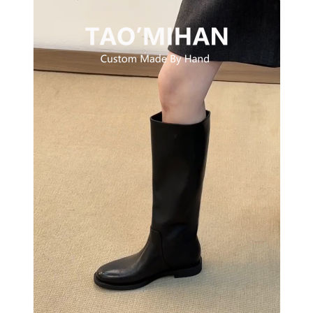 真皮~显瘦高筒不过膝长靴女2025秋冬新款黑色骑士靴低跟长筒靴子