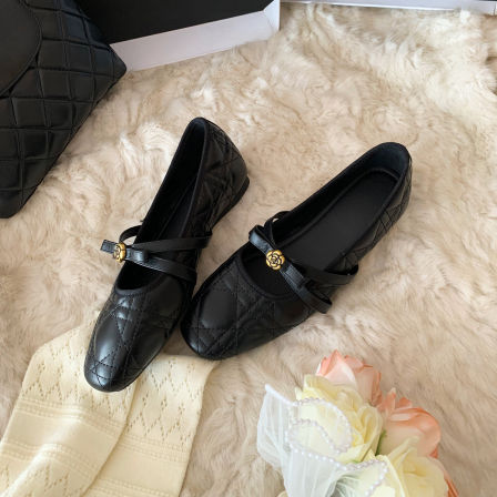 法式小香风黑色菱格玛丽珍鞋女2026春季新款蝴蝶结扣带浅口单鞋子