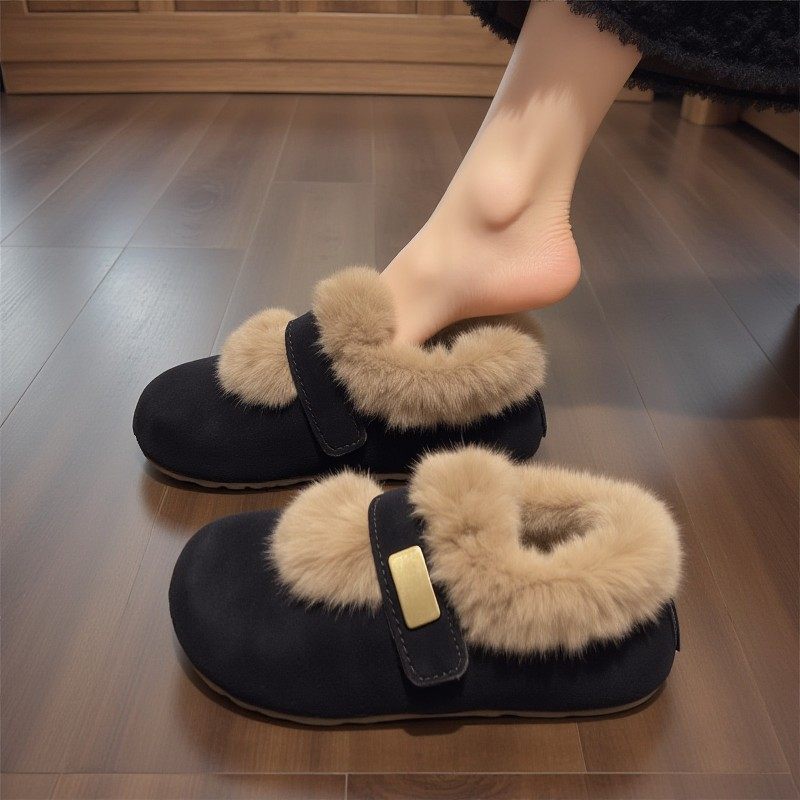 毛毛勃肯鞋女冬2025新款加绒保暖内增高复古乐福鞋一脚蹬黑色棉鞋主图