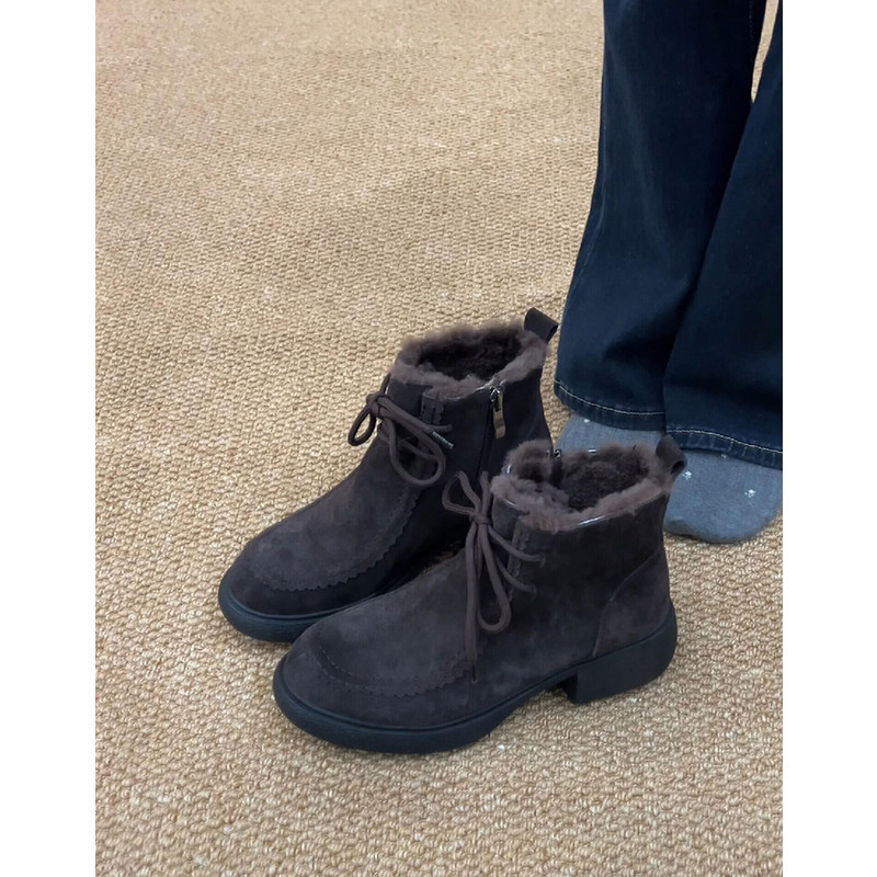 牛皮版~真皮圆头粗跟加绒雪地靴女灰色保暖短靴百搭系带马丁短靴主图