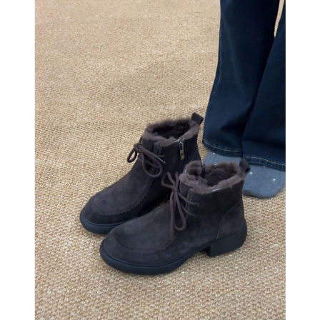 牛皮版~真皮圆头粗跟加绒雪地靴女灰色保暖短靴百搭系带马丁短靴