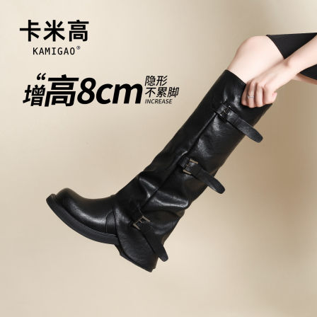 卡米高增高骑士长筒靴女2025新款冬季加绒厚底皮带扣小个子中筒靴