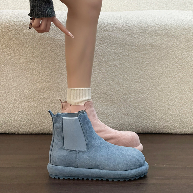 一脚蹬简约纯色厚底保暖雪地靴女2026加绒保暖短靴韩版圆头毛绒靴主图