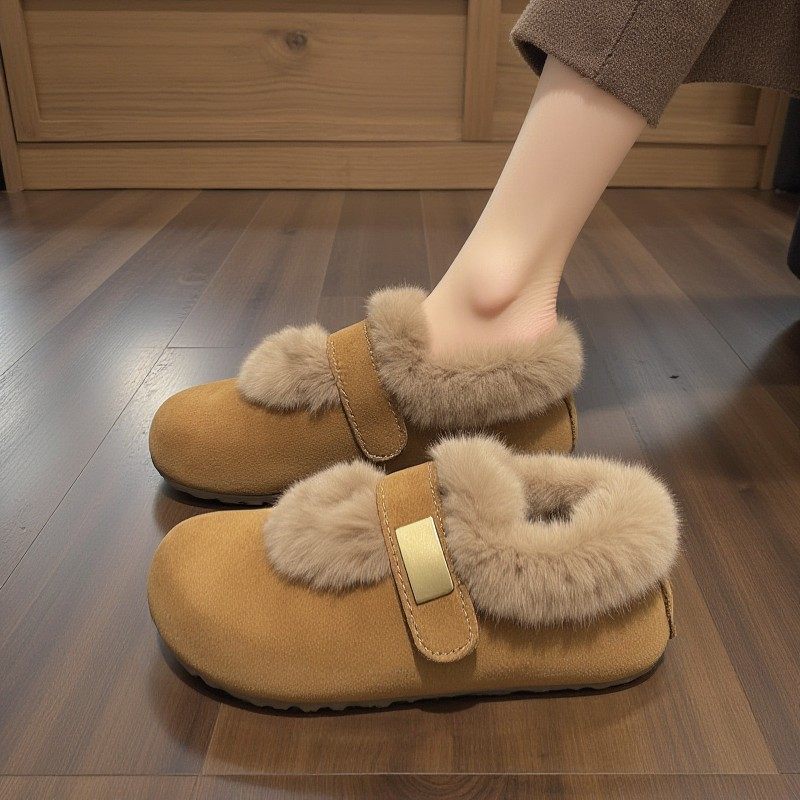 毛毛勃肯鞋女2025新款冬加绒保暖内增高复古乐福鞋一脚蹬孕妇棉鞋主图