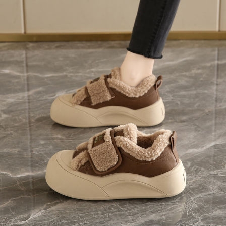 皮面厚底棉鞋女冬季2025新款魔术贴加绒孕妇休闲运动鞋保暖毛毛鞋