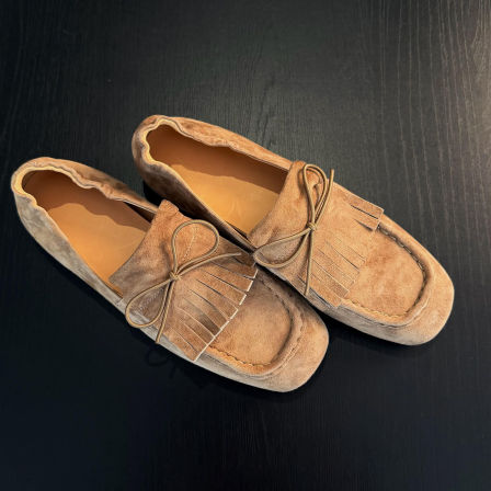 牛皮版~方头复古风流苏乐福鞋一脚蹬单鞋女通勤蝴蝶结平底小皮鞋