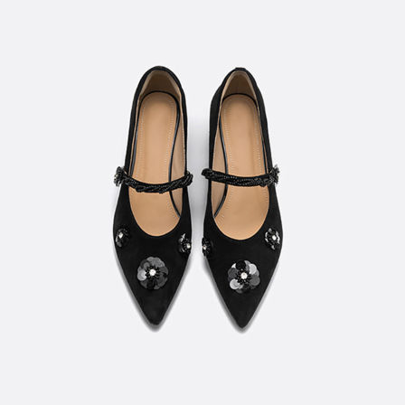 羊皮版~尖头法式亮片花朵粗跟单鞋浅口一字带气质玛丽珍高跟鞋女