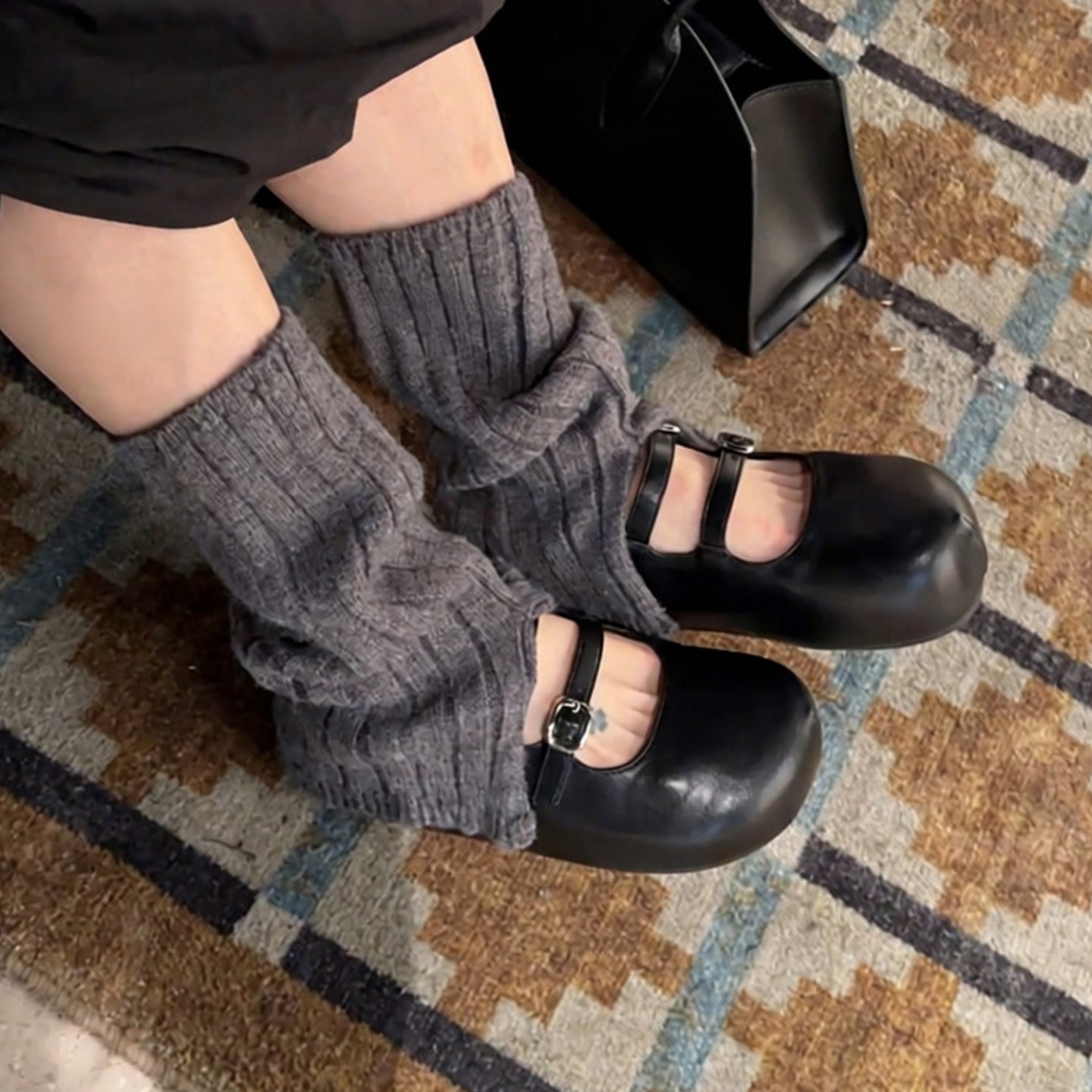 羊皮版~复古圆头双扣带内增高玛丽珍女鞋百搭学院风厚底浅口单鞋主图
