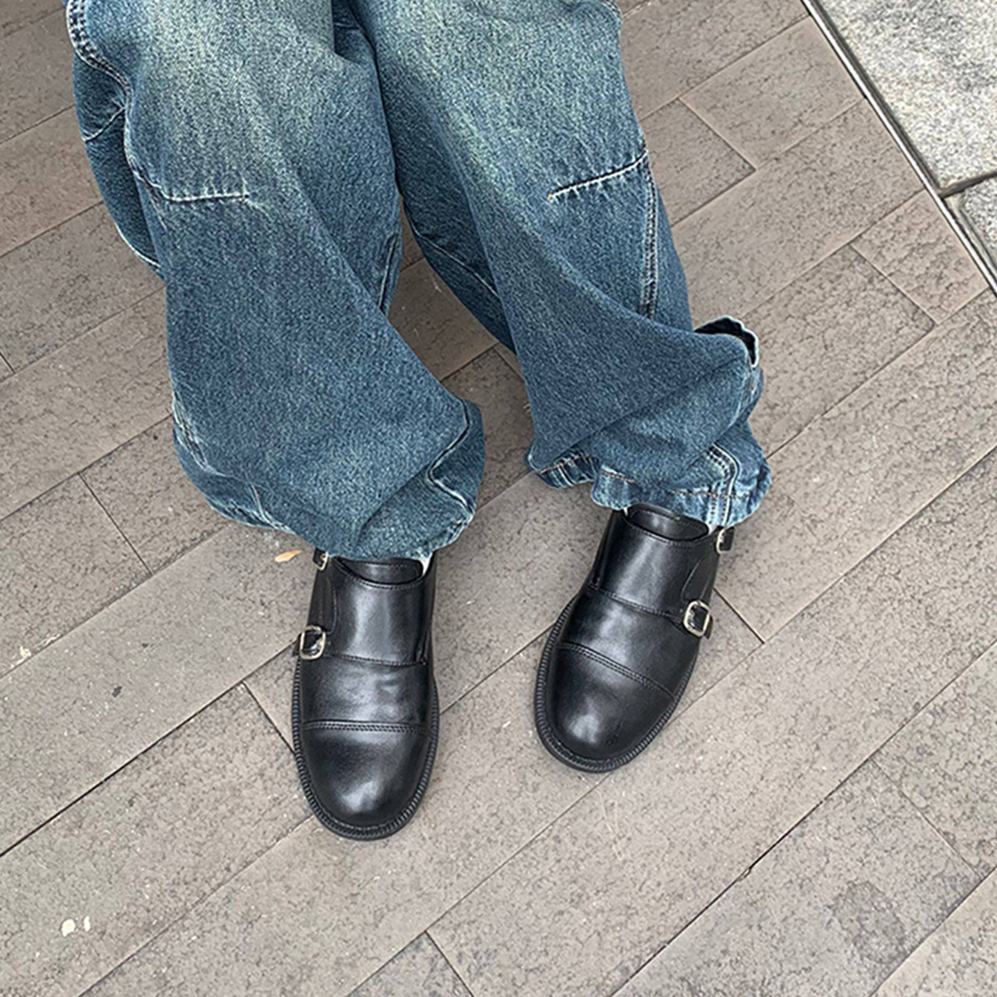牛皮版~圆头英伦风皮带扣乐福鞋女通勤深口单鞋一脚蹬粗跟小皮鞋主图