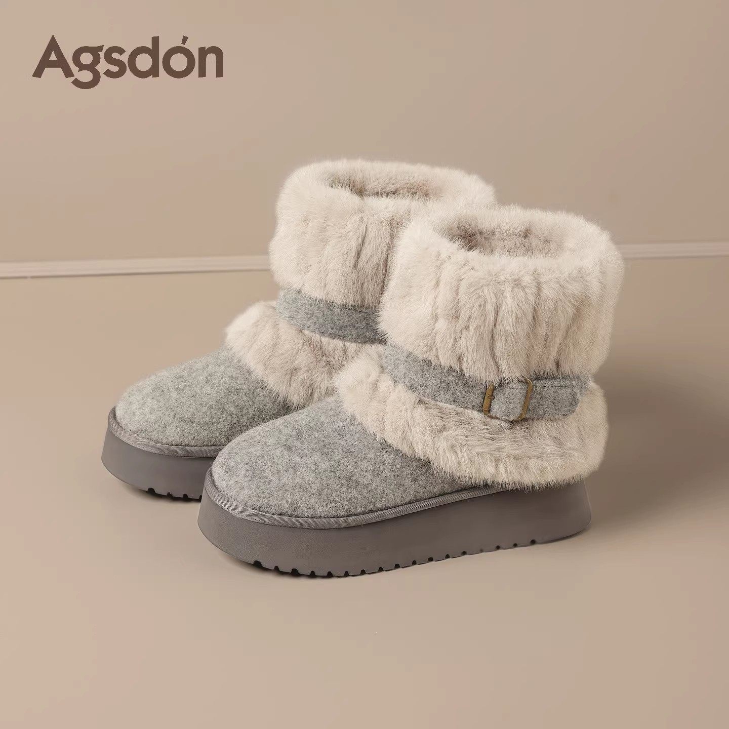 奥古狮登灰色厚底雪地靴女鞋2025新款冬季防滑加绒短靴子毛毛鞋爆主图