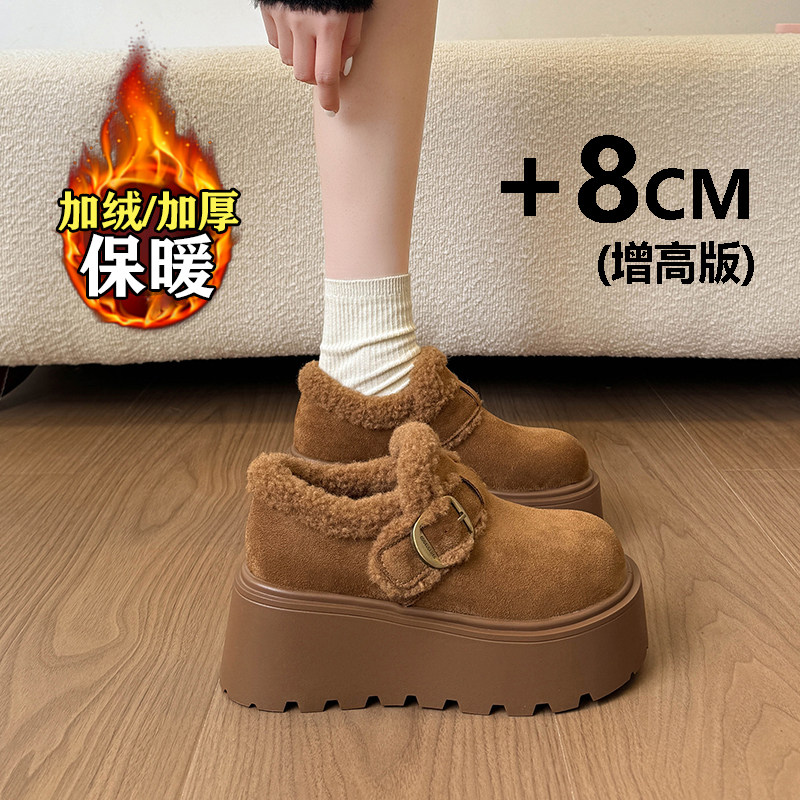 加绒保暖厚底勃肯鞋女冬季2025新款一脚蹬乐福鞋增高8CM冬季棉鞋主图