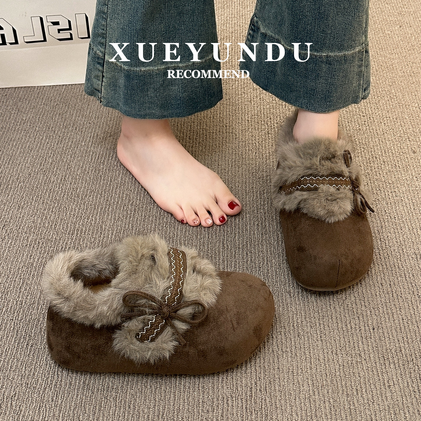 复古棕色加绒雪地靴女2025新款冬季外穿毛毛勃肯鞋保暖雪地棉鞋子主图