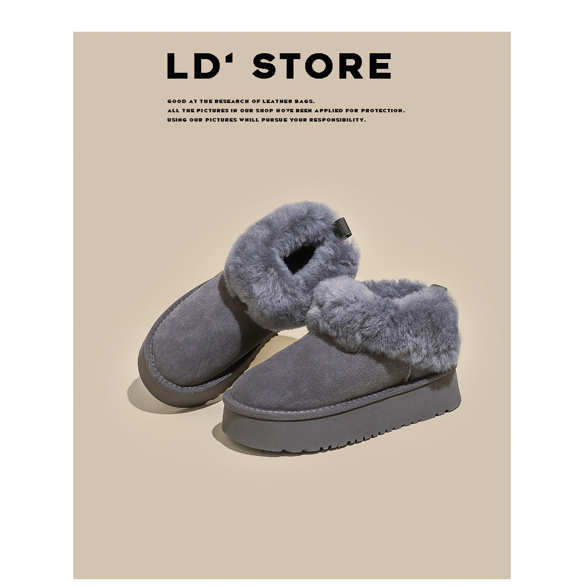 真皮羊毛~7CM内增高灰色厚底雪地靴女2025冬季东北保暖棉鞋毛毛鞋主图