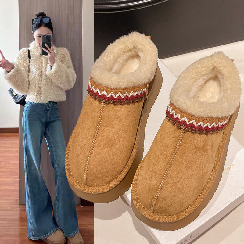 厚底加绒雪地靴半拖鞋女外穿2025冬季新款一脚蹬孕妇加厚保暖棉鞋主图