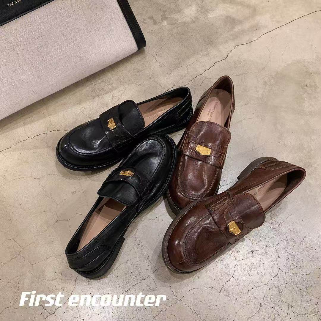 26n0124【】 张元英同款~阿miu金币粗跟懒人乐福厚底增高小皮鞋主图