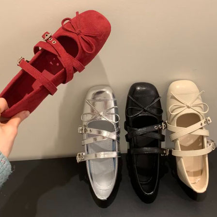 羊皮版~韩版复古红色气质软底玛丽珍鞋女交叉带蝴蝶结方头芭蕾鞋